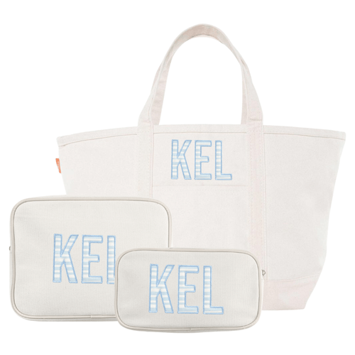 Canvas tote bag with pink appliqué monogram and matching pouch bundle.