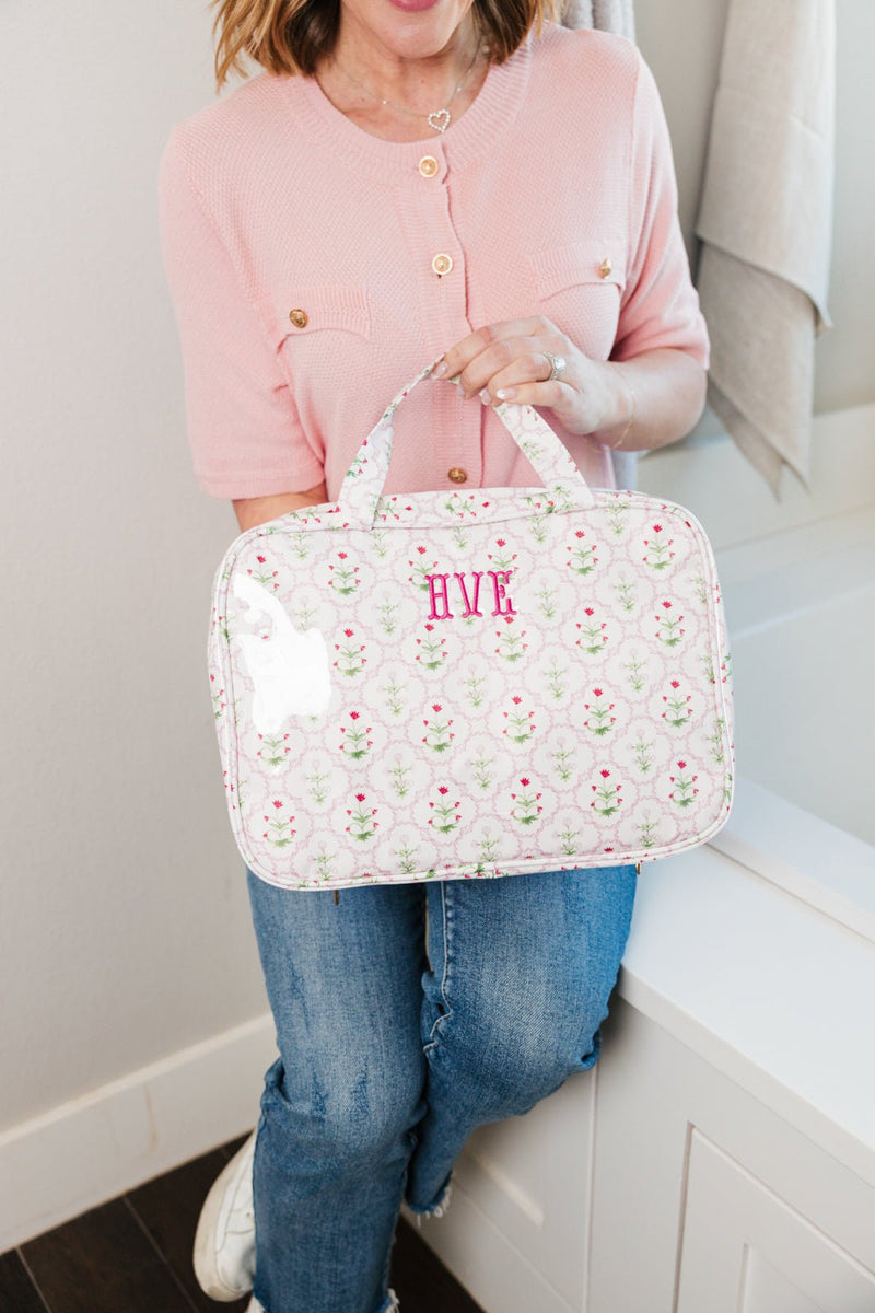 Embroidered Clear Coated Hanging Toiletry Bag