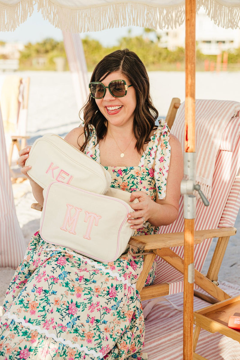 Embroidered Extra Large Canvas Pouch with Applique