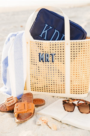 Personalized extra-large nylon pouch with applique monogram, great for travel storage.