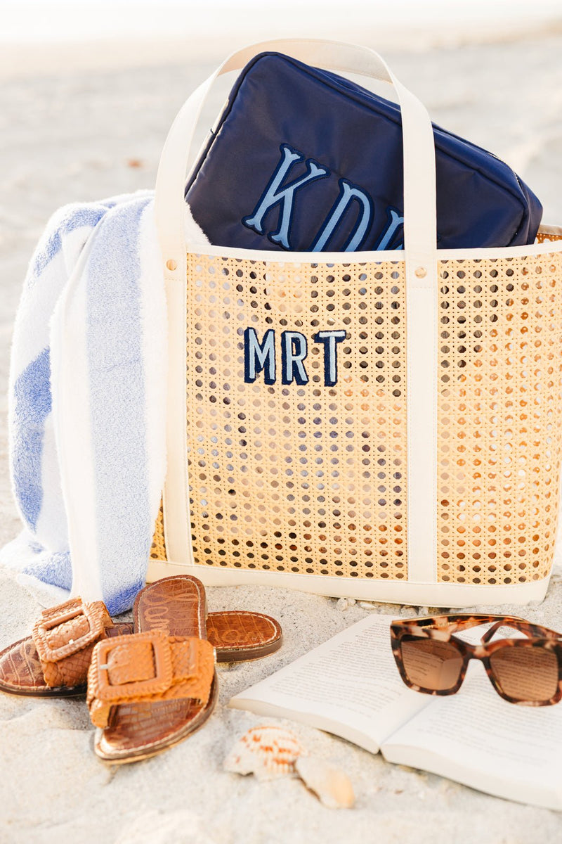 Personalized extra-large nylon pouch with applique monogram, great for travel storage.