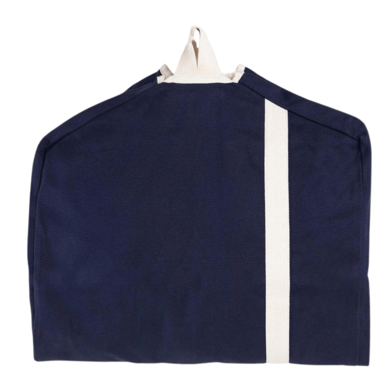 A Personalized Garment Duffel Bag in navy with cream accents from Sprinkled with Pink, a versatile travel essential designed to keep outfits crisp and organized. This convertible duffel unfolds into a garment bag, making it perfect for business trips, weddings, and weekend getaways. Crafted from durable canvas with a sleek contrast stripe, it offers both style and function.