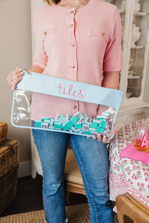 Clear embroidered Mahjong nylon pouch with ‘TILES’ monogram perfect for storing Mahjong tiles.