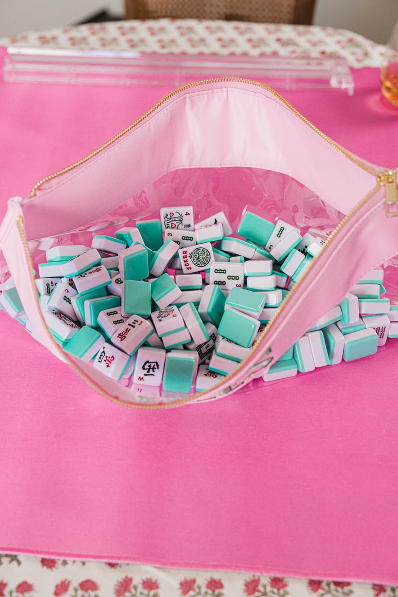 Clear embroidered Mahjong nylon pouch with ‘TILES’ monogram