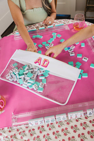 Pink Mahjong nylon clear pouch with embroidered initials cute and customized game storage.