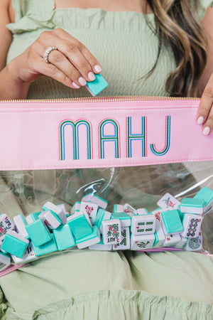 Pink Mahjong nylon clear pouch with bold embroidered monogram fun personalized gift idea.