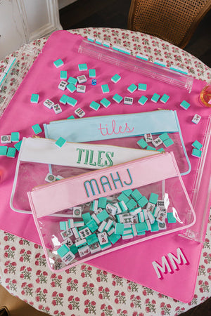 Mahjong nylon clear pouches in pink and blue with monogram embroidery practical and chic gift.