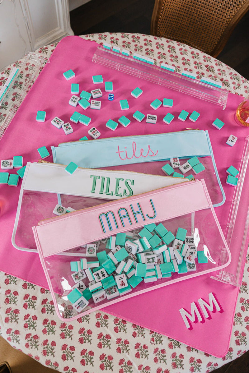 Mahjong nylon clear pouches in pink and blue with monogram embroidery practical and chic gift.
