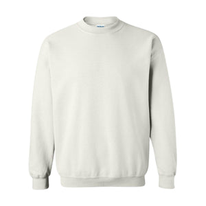 Light neutral crewneck sweatshirt with long sleeves, ribbed cuffs, and relaxed pullover fit