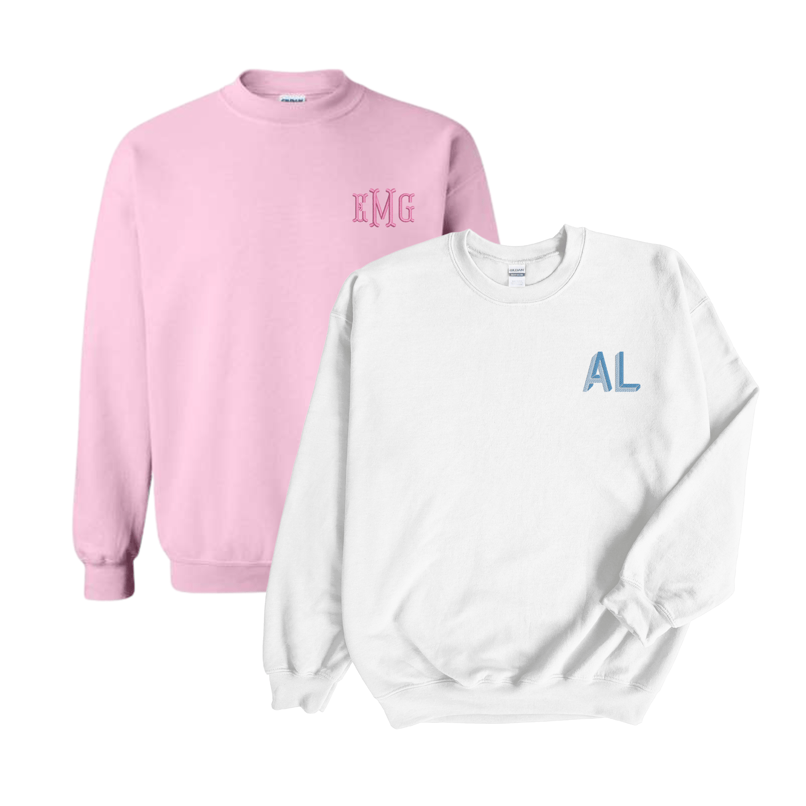 A pink and a white sweatshirt are customized with embroidered monograms on the left chest