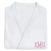 White waffle knit robe with embroidered monogram detail on chest.