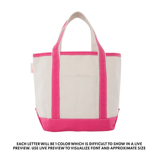 Personalized pink trim canvas tote bag with embroidered name, designed for teachers.