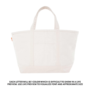 Large white canvas tote bag with customizable embroidered name, ideal for teachers or gifting.