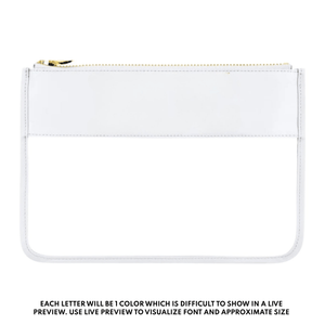 Clear zip pouch with white trim and gold zipper, customizable with colorful monogram or name text across the top panel.