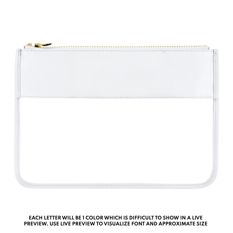 Clear zip pouch with white trim and gold zipper, customizable with colorful monogram or name text across the top panel.