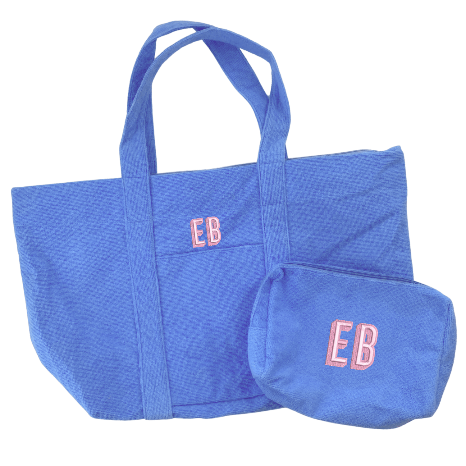 A personalized blue waffle-textured tote bag and matching cosmetic pouch set from Sprinkled with Pink, featuring embroidered initials "EB" in a stylish pink font. This customizable travel set is perfect for gifting, offering a spacious tote with reinforced handles and a front pocket, along with a coordinating zippered pouch for organizing essentials. Ideal for bridesmaid gifts, weekend getaways, or everyday use, this set combines functionality with a chic, personalized touch.