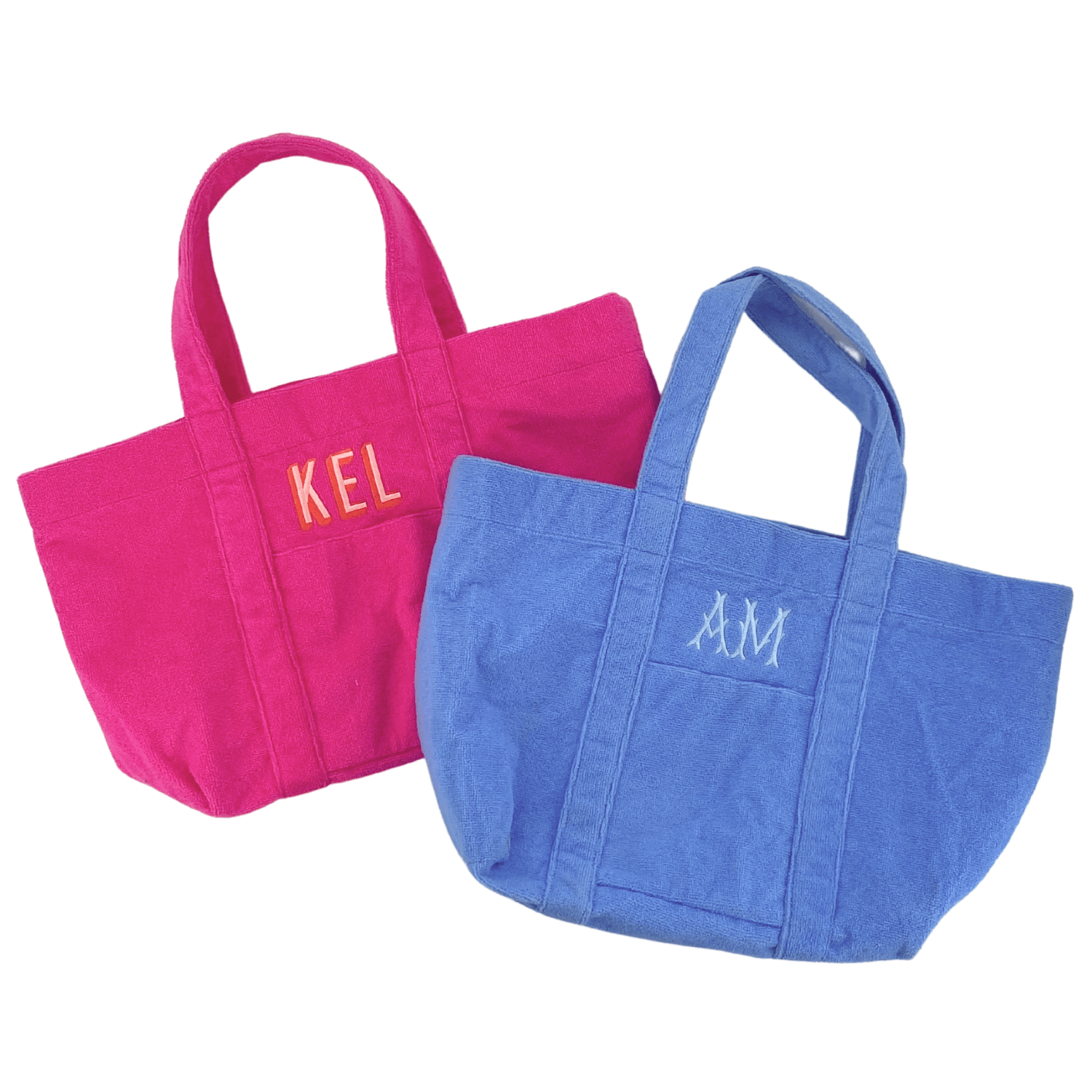 A set of personalized waffle-textured tote bags from Sprinkled with Pink, featuring one in vibrant pink with the initials "KEL" embroidered in bold orange and one in soft blue with "AM" stitched in elegant white. These stylish and functional bags are perfect for everyday use, beach trips, or gifting. Crafted from soft waffle fabric, they offer a roomy interior and sturdy handles for easy carrying. This set makes an ideal customized gift for bridesmaids, friends, or personal use.