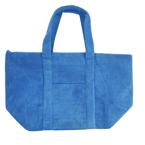Bright blue embroidered terry tote, lightweight personalized summer travel bag.