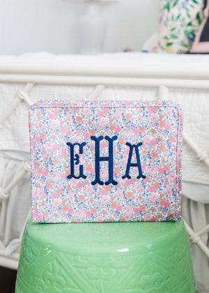 Custom embroidered TRVL Roadie travel bag with blue monogram stylish personalized gift for jet setters.