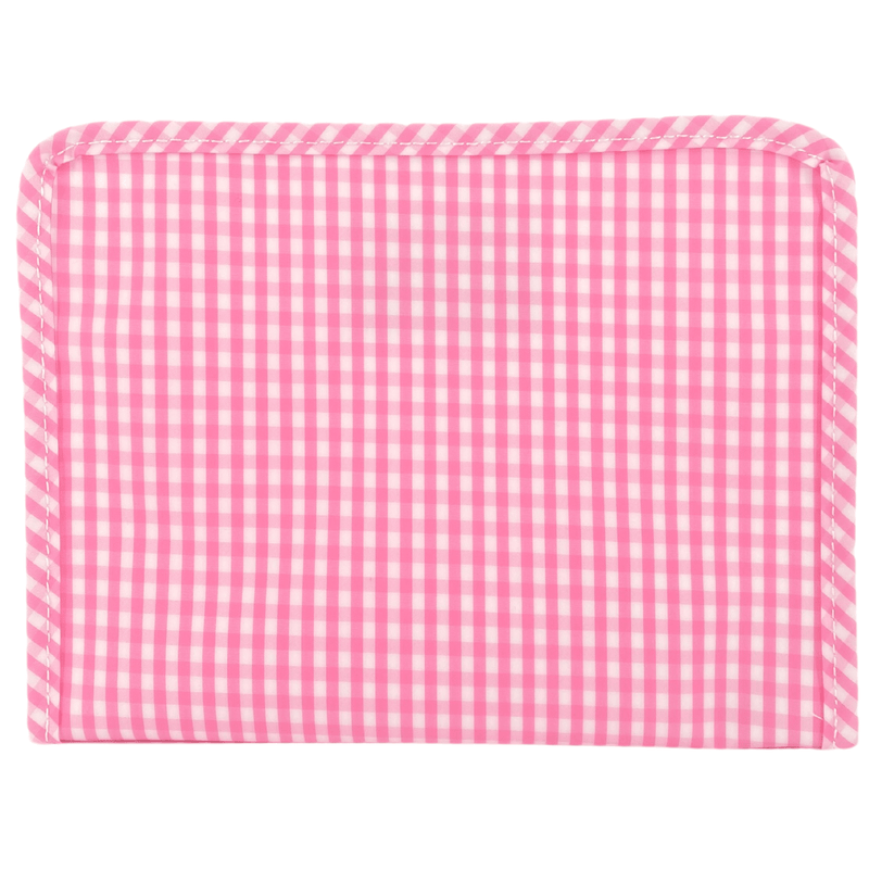 Pink gingham TRVL Roadie bag perfect for bridesmaid gifting.