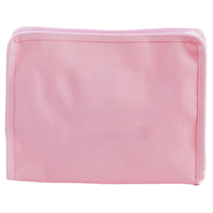 Pink satin TRVL Roadie bag, luxe monogrammed travel pouch for makeup or accessories.