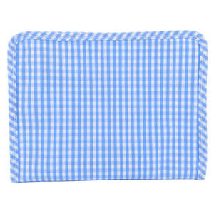 Blue gingham embroidered TRVL Roadie bag personalized travel pouch for organized packing.