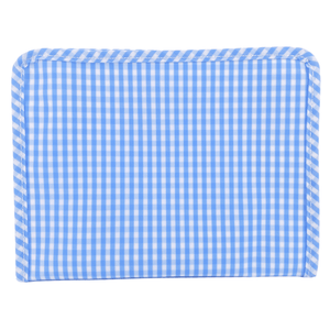 Blue gingham embroidered TRVL Roadie bag personalized travel pouch for organized packing.