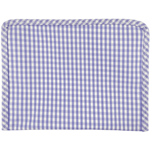 Purple gingham embroidered TRVL Roadie bag, chic personalized cosmetic or travel pouch.