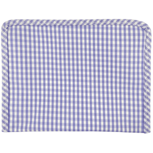 Purple gingham embroidered TRVL Roadie bag, chic personalized cosmetic or travel pouch.