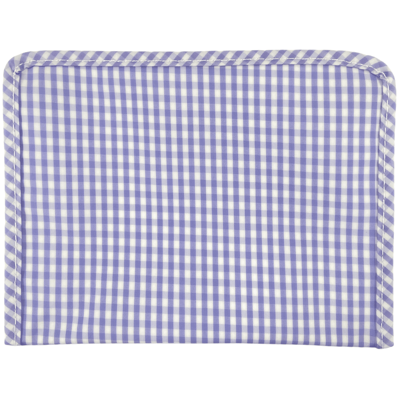 Purple gingham embroidered TRVL Roadie bag, chic personalized cosmetic or travel pouch.