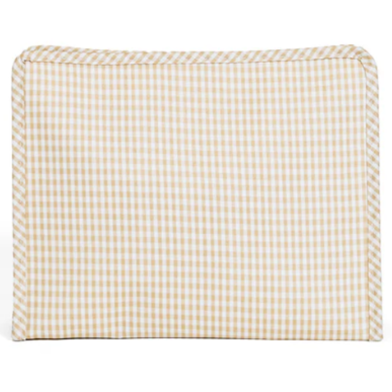 Beige gingham TRVL Roadie travel bag embroidered pouch perfect for bridesmaid or trip gift.