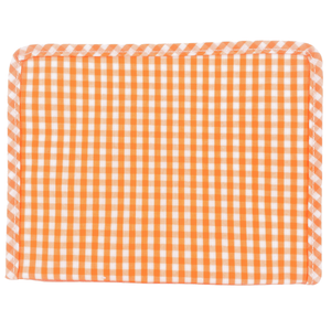 Orange gingham TRVL Roadie bag embroidered cosmetic pouch perfect for bridesmaid gifting.