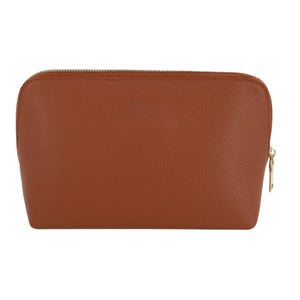 Embroidered vegan leather pouch with smooth structured exterior and zip closure
