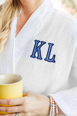 Embroidered waffle robe with monogram, lightweight and perfect for everyday lounging.