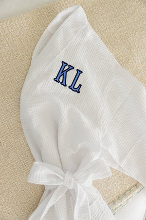 Classic waffle robe with embroidered initials, lightweight personalized spa robe.