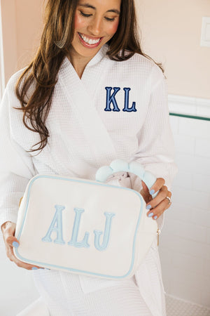 Waffle knit robe with embroidered initials, lightweight loungewear gift idea.