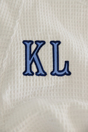 Waffle knit robe with custom embroidery, perfect for bridal or spa gifts.