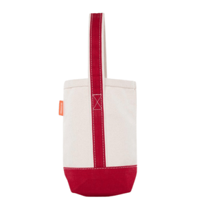 Red embroidered wine carrier, personalized wine gift bag perfect for holiday or hostess gifting.