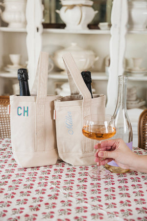 Personalized embroidered wine tote bag with champagne bottle