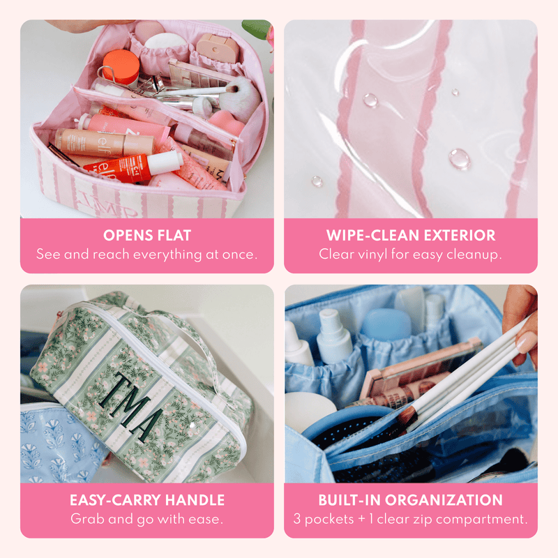 Four-panel graphic highlighting flat lay pouch features: opens flat to see and reach everything, wipe-clean vinyl exterior, an easy-carry handle on a green floral stripe pouch monogrammed TMA, and built-in organization with pockets and a clear zip compartment