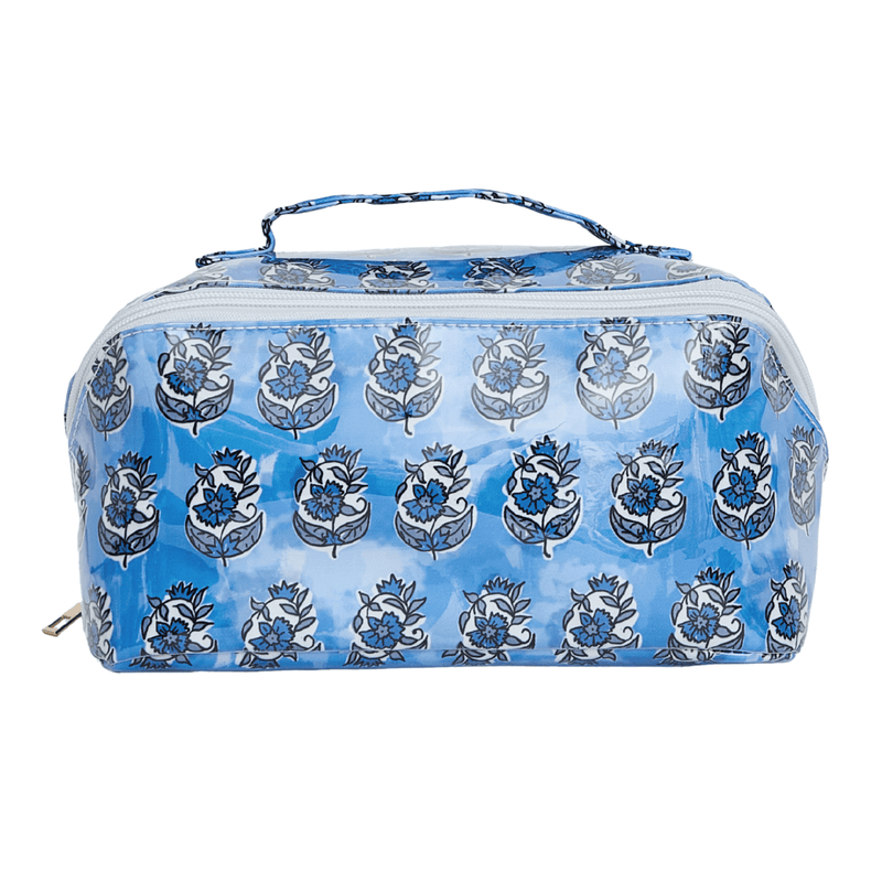 A blue block-print floral flat lay pouch