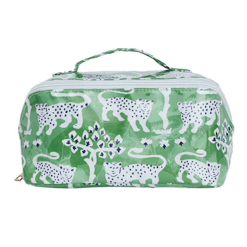 A green leopard and floral print flat lay pouch