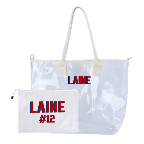 Clear PVC Gameday tote and matching pool bag, both personalized with “LAINE #12” for bold team spirit.