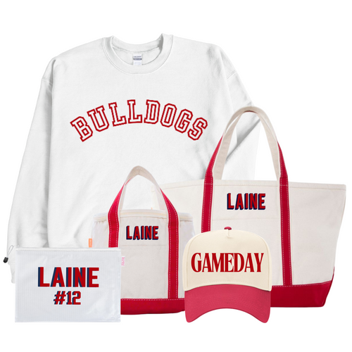 Gameday Essentials Bundle with white “BULLDOGS” sweatshirt, “GAMEDAY” hat, custom totes, and personalized pool bag.