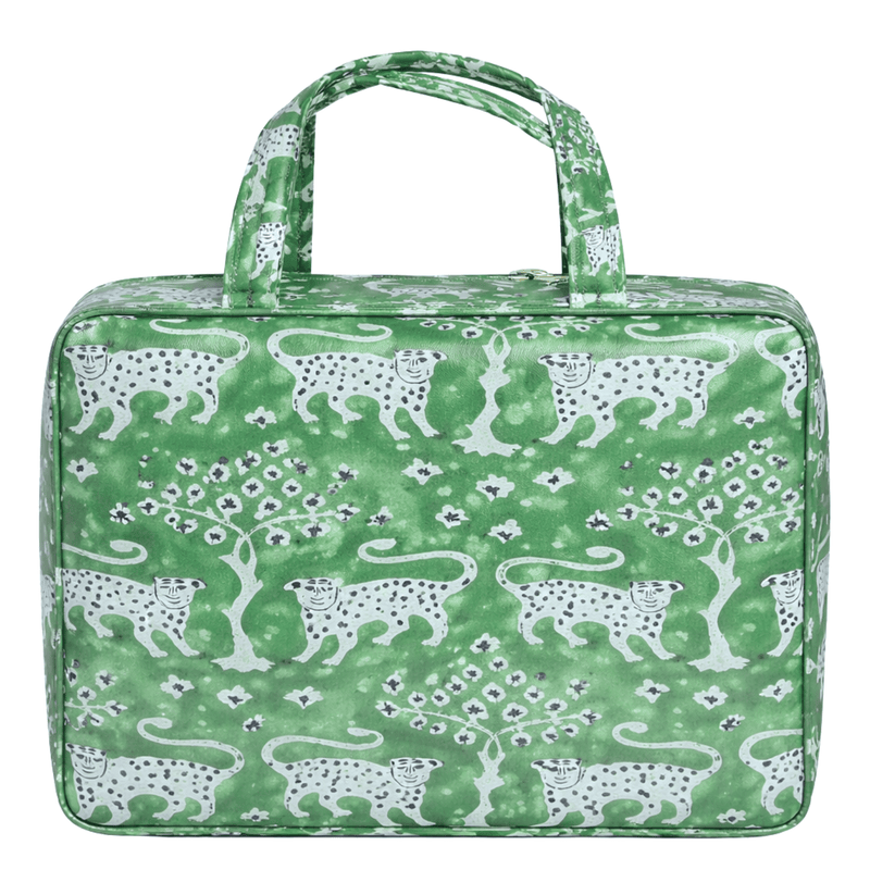 A green leopard-print hanging toiletry bag with top carry handles