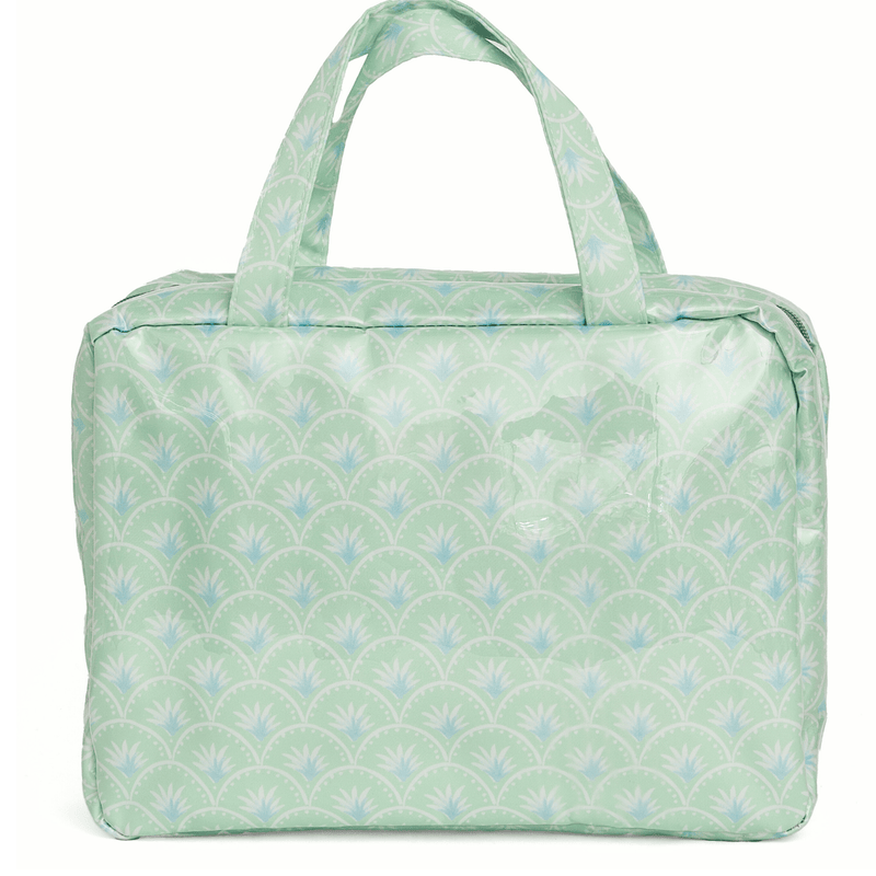 A green fan-print hanging toiletry bag with top carry handles