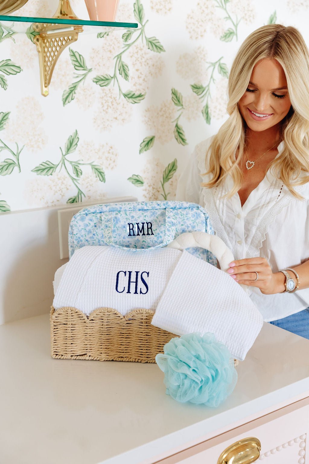 White waffle knit robe with embroidered monogram detail on chest.