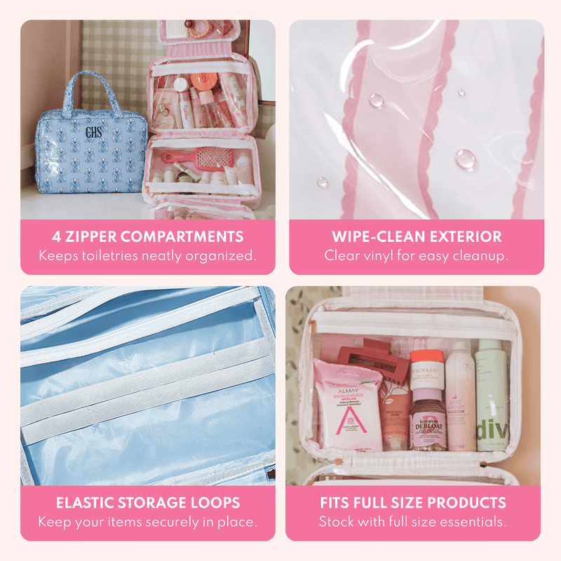 Four-panel graphic highlighting hanging toiletry bag features: 4 zipper compartments shown with a blue floral bag monogrammed CHS and an open pink organizer, wipe-clean vinyl exterior, elastic storage loops, and compartments fitting full size products