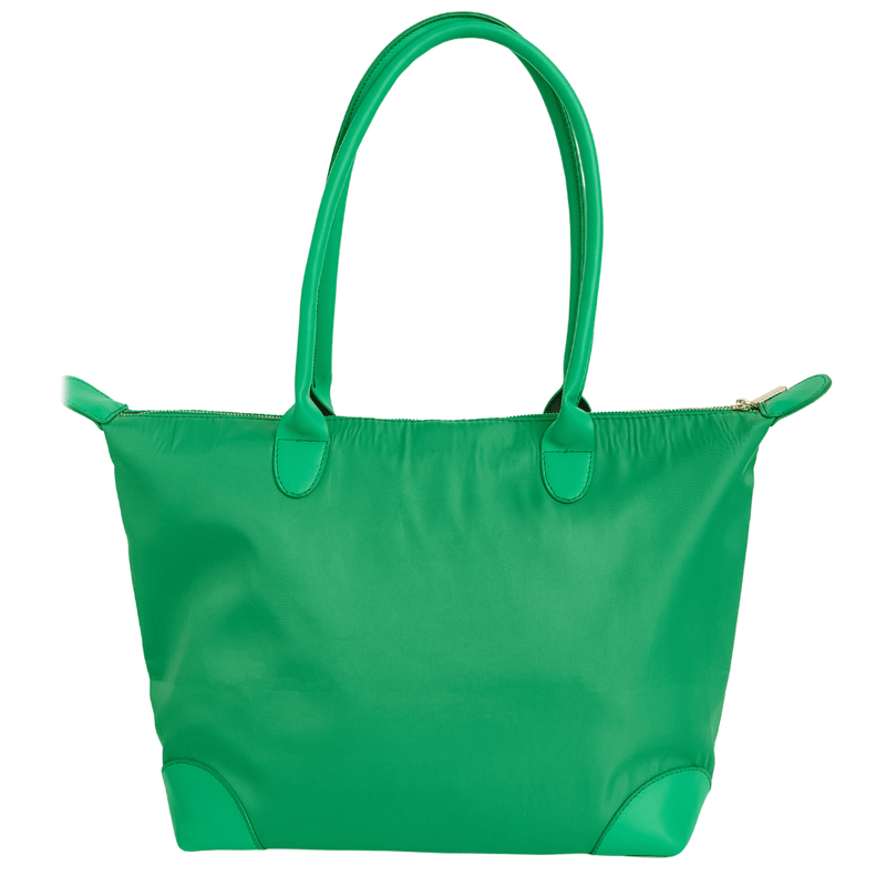 Green tote bag with gold hardware, shown from the back on a white background