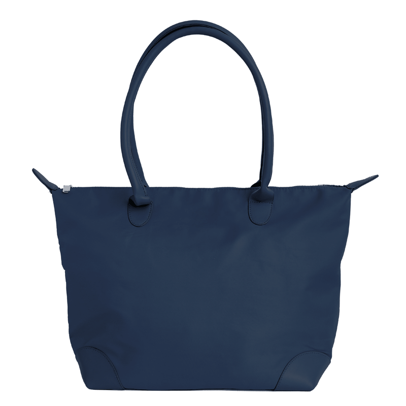 Navy tote bag with silver hardware, shown from the back on a white background